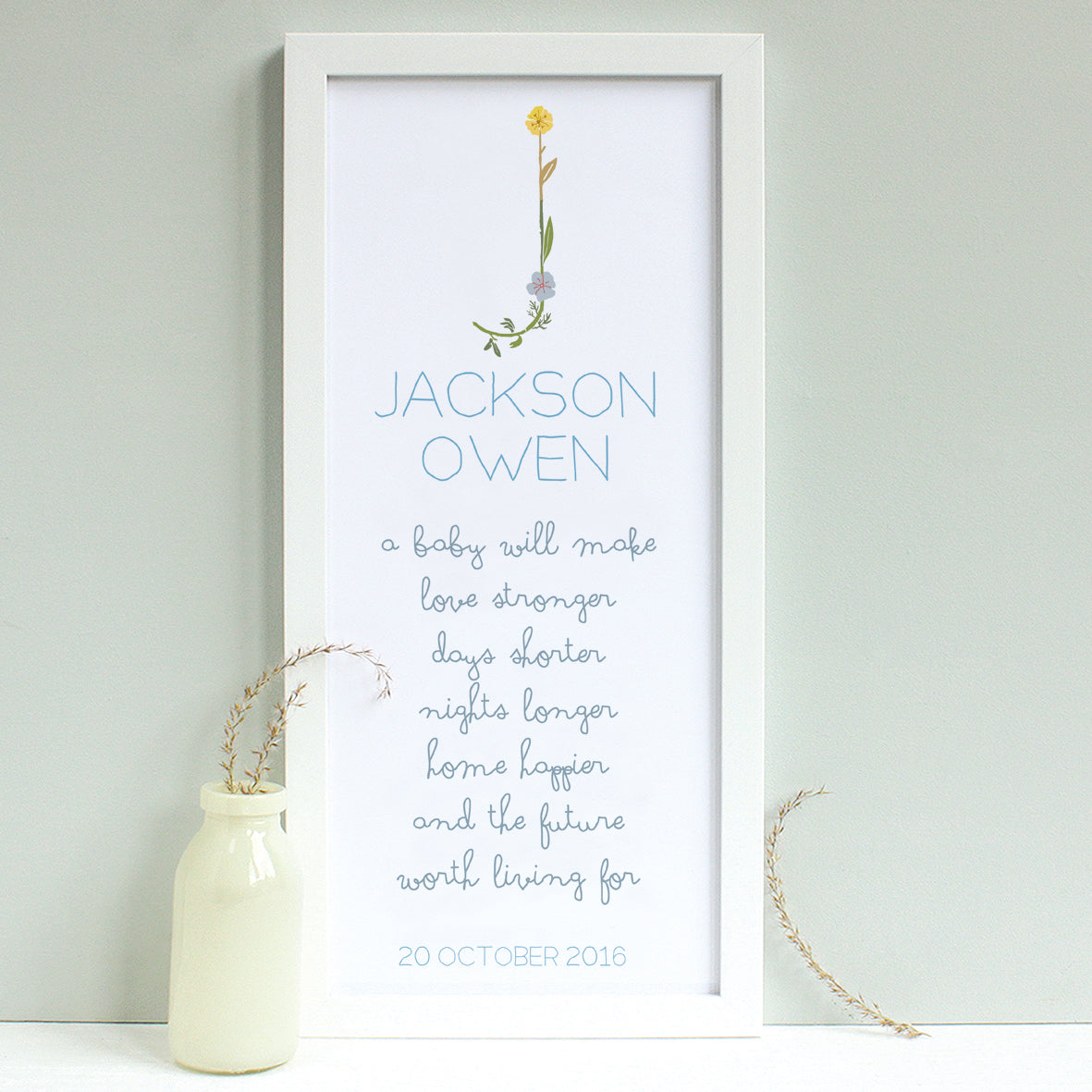 personalised friend little birds quote print, stone blue