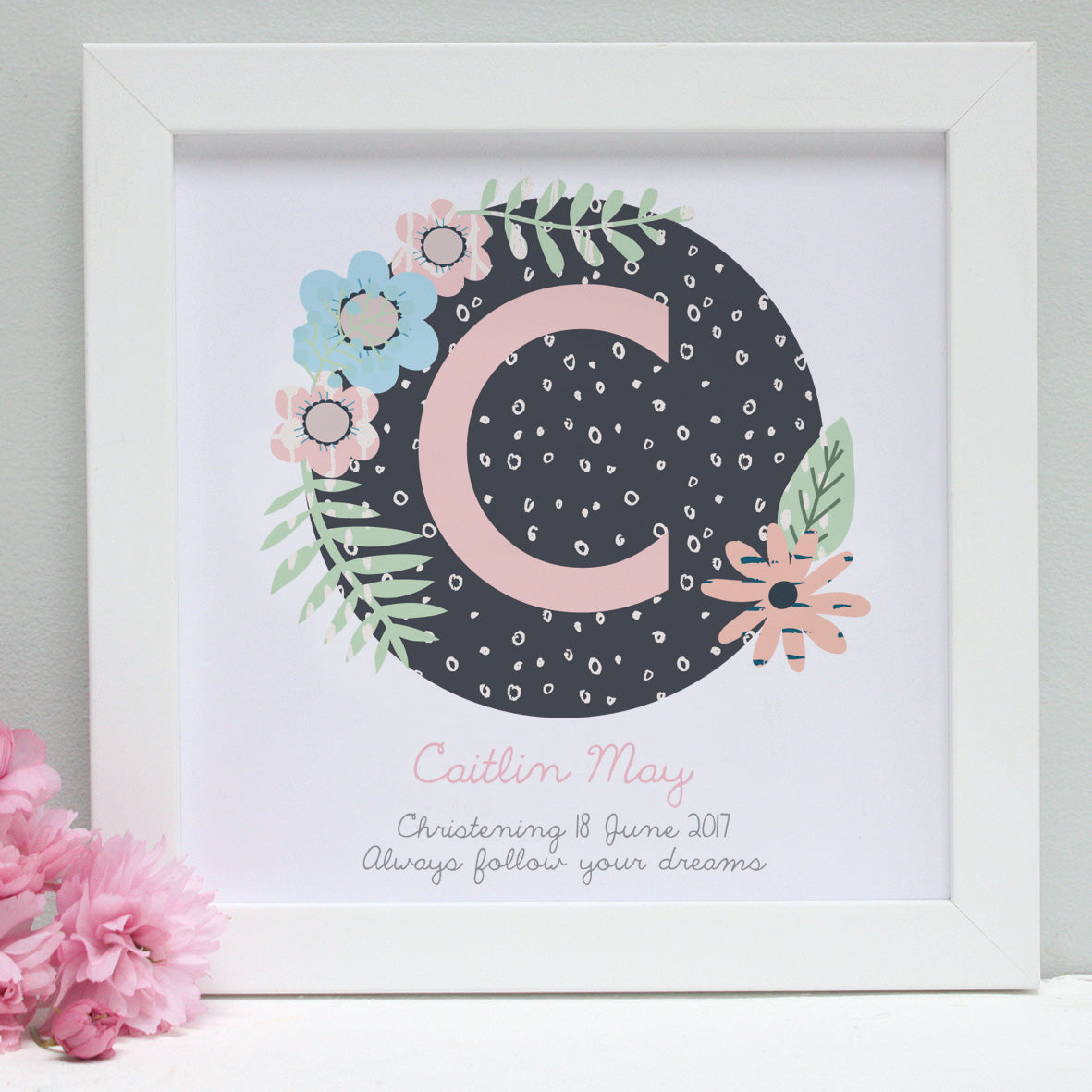 personalised blush christening patterns print, white frame