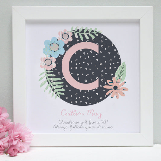 personalised blush christening patterns print, white frame