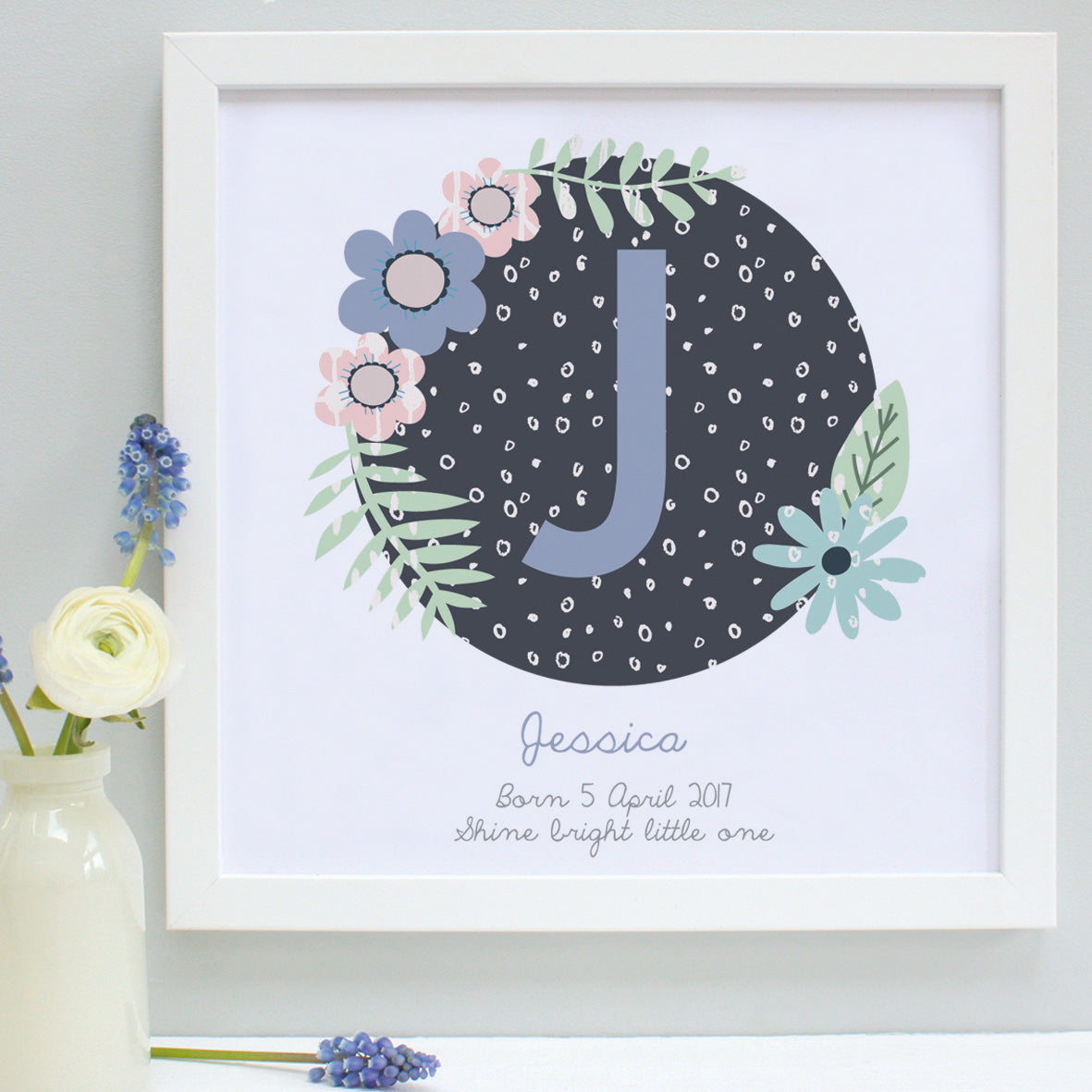 personalised bluebells christening patterns print, white frame