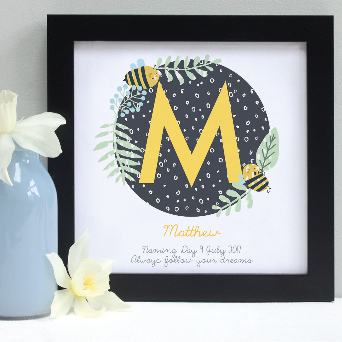 personalised daffodil yellow christening patterns print, black frame