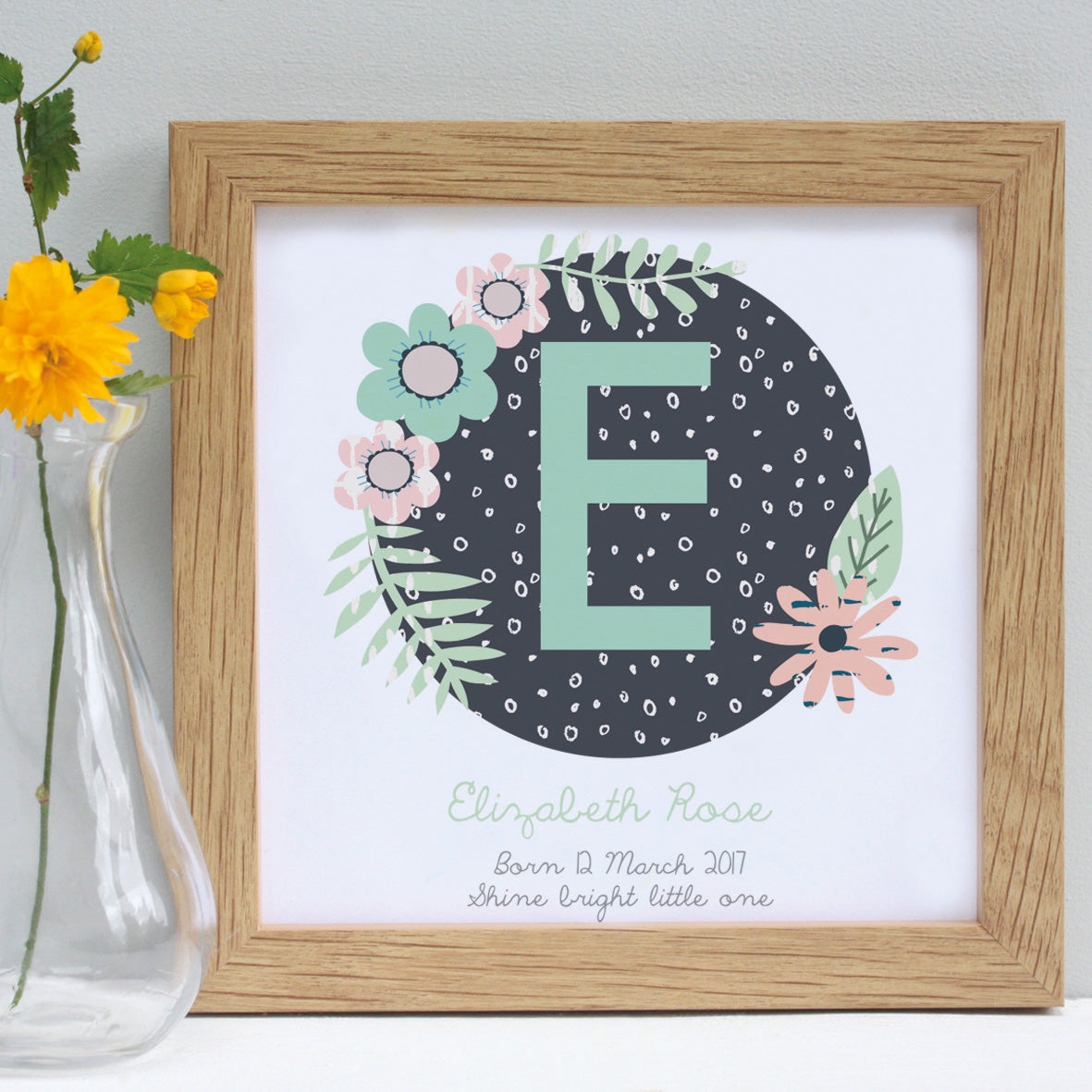 personalised mint christening patterns print, white frame