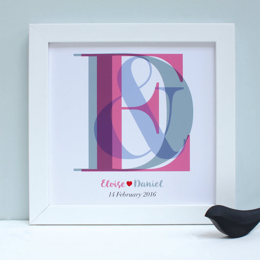 Wedding Gift with initial letters overlapping in multiple colours in a white frame