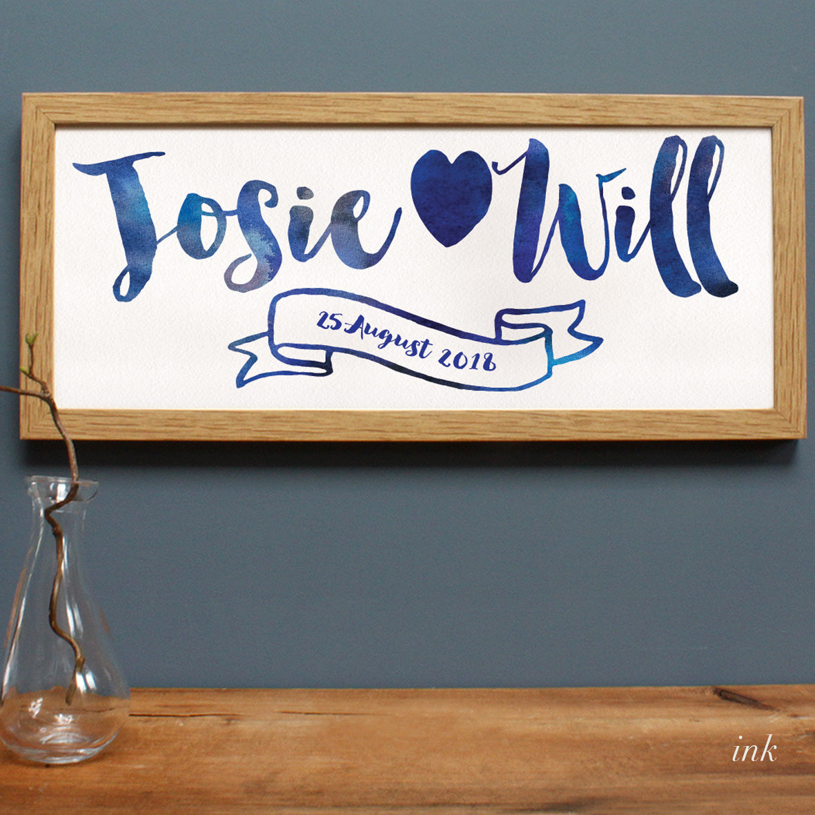 wedding gift for a couple with heart in an oak frame