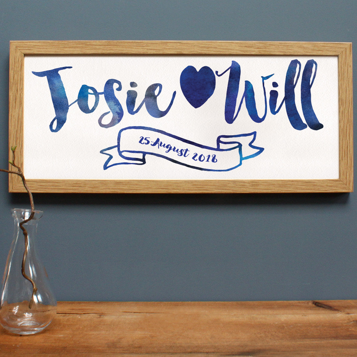 wedding gift with calligraphy style lettering in an oak frame