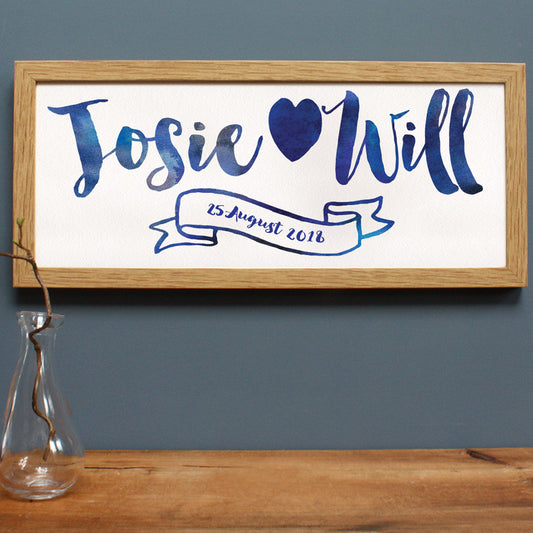 wedding gift with calligraphy style lettering in an oak frame