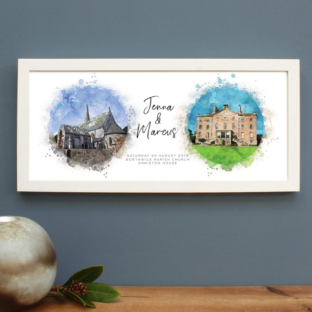 Drawing of church and Wedding venue in a long white wooden frame