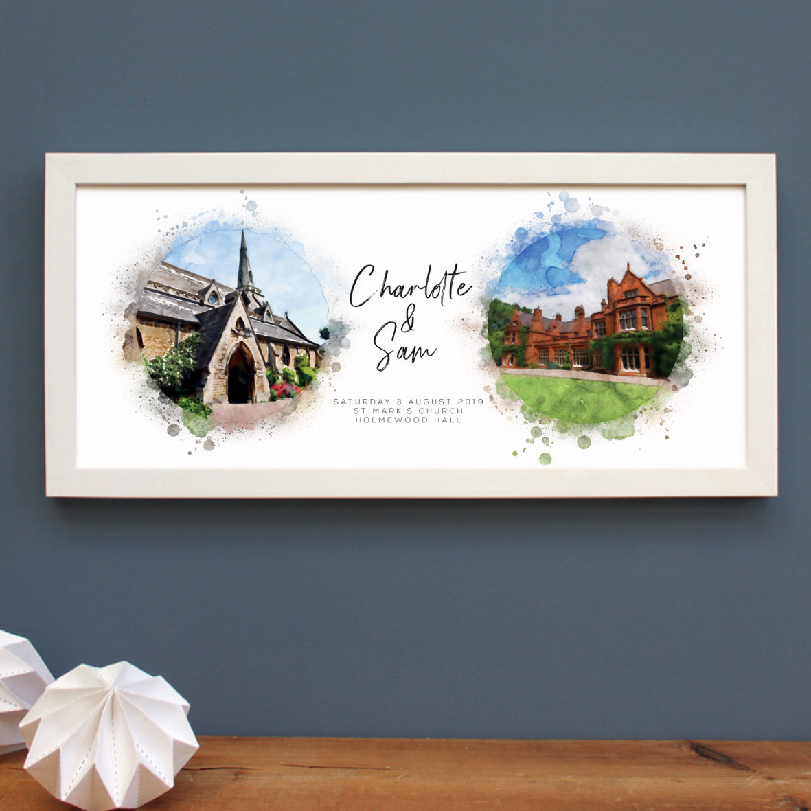 two watercolour illustrations of St Marks Church and Holmwood Hall in a long white wooden frame