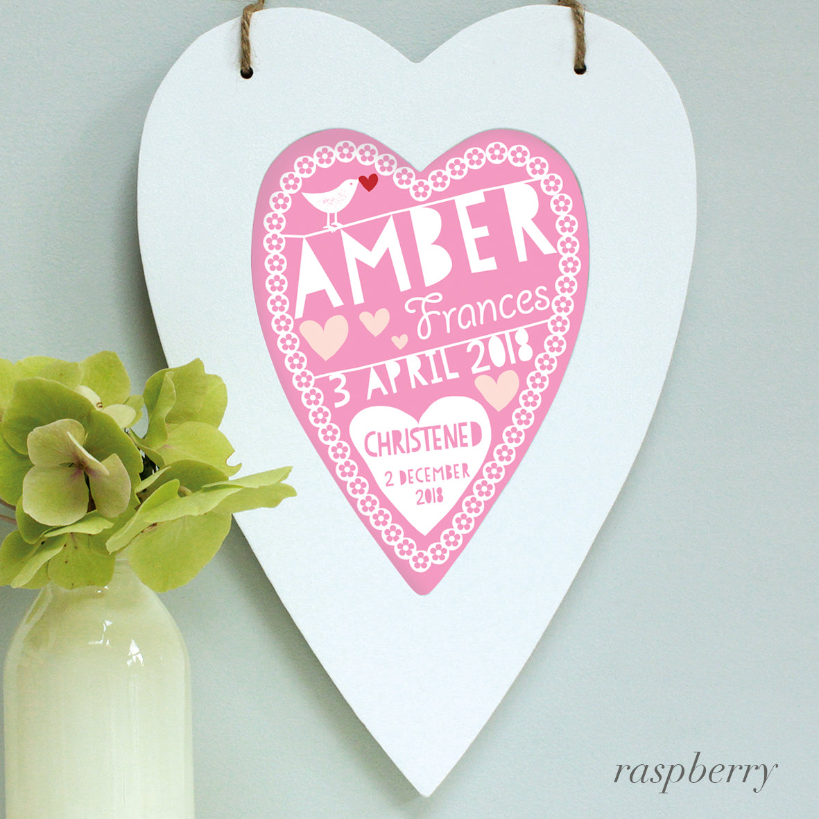 personalised raspberry christening print, white heart frame