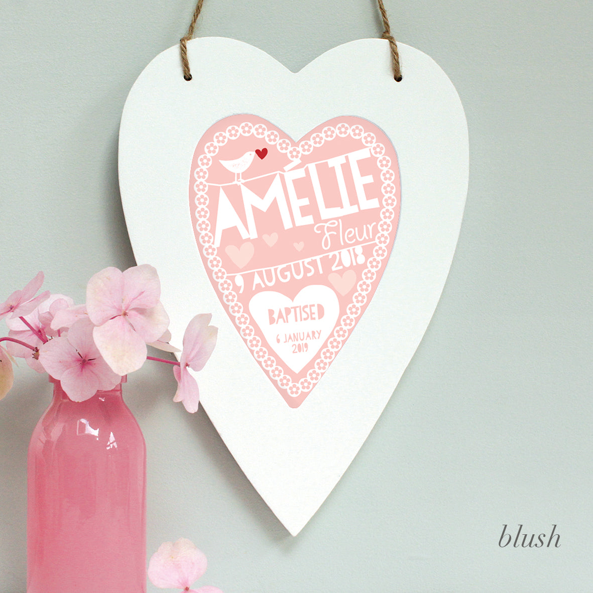 personalised blush christening print, white heart frame