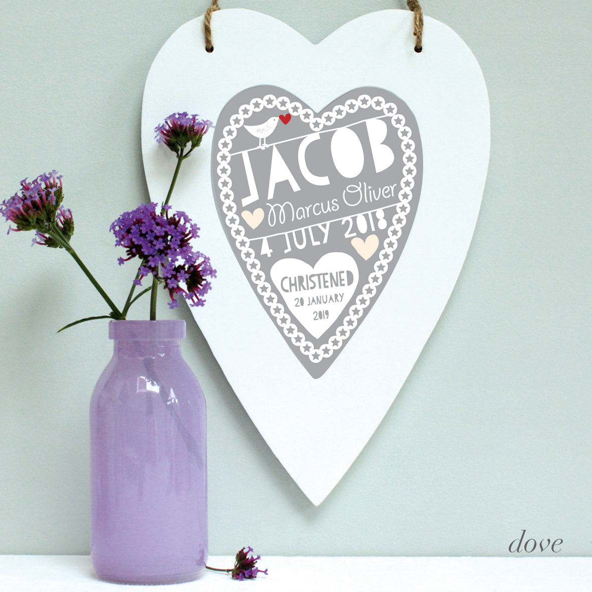 personalised dove christening print, white heart frame