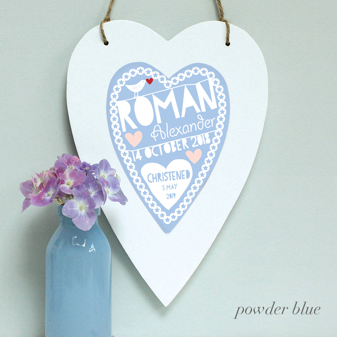 personalised powder blue christening print, white heart frame