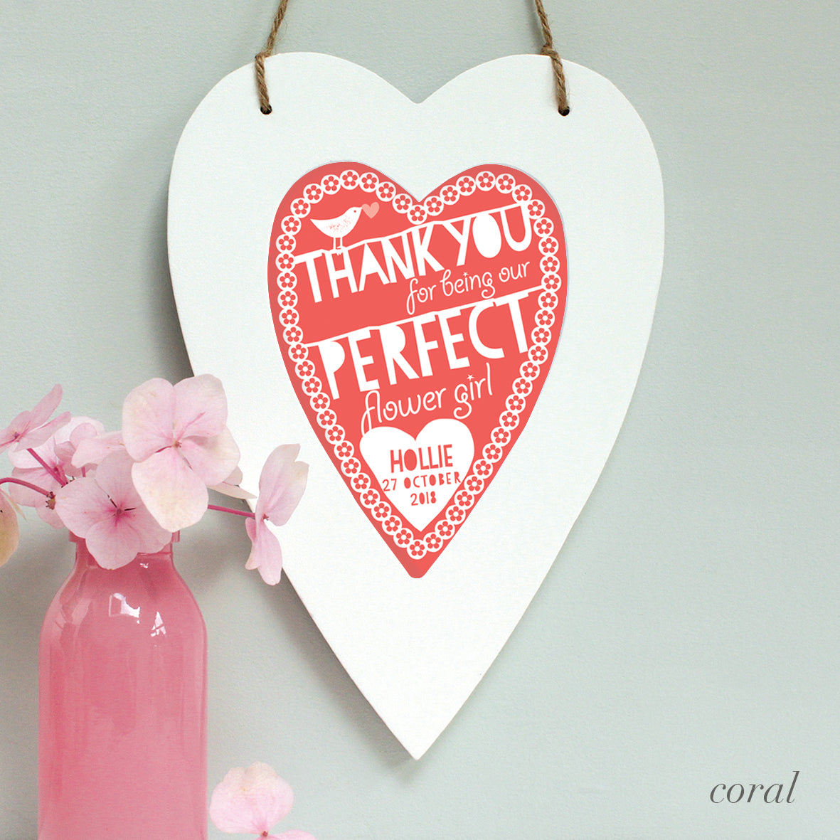 personalised flower girl print in coral, white heart frame