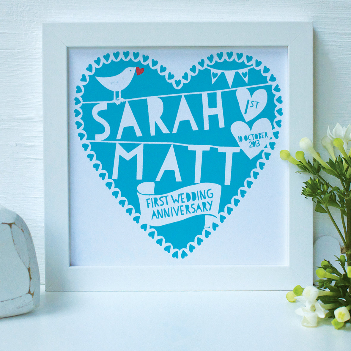 personalised jewel 1st anniversary print, white frame
