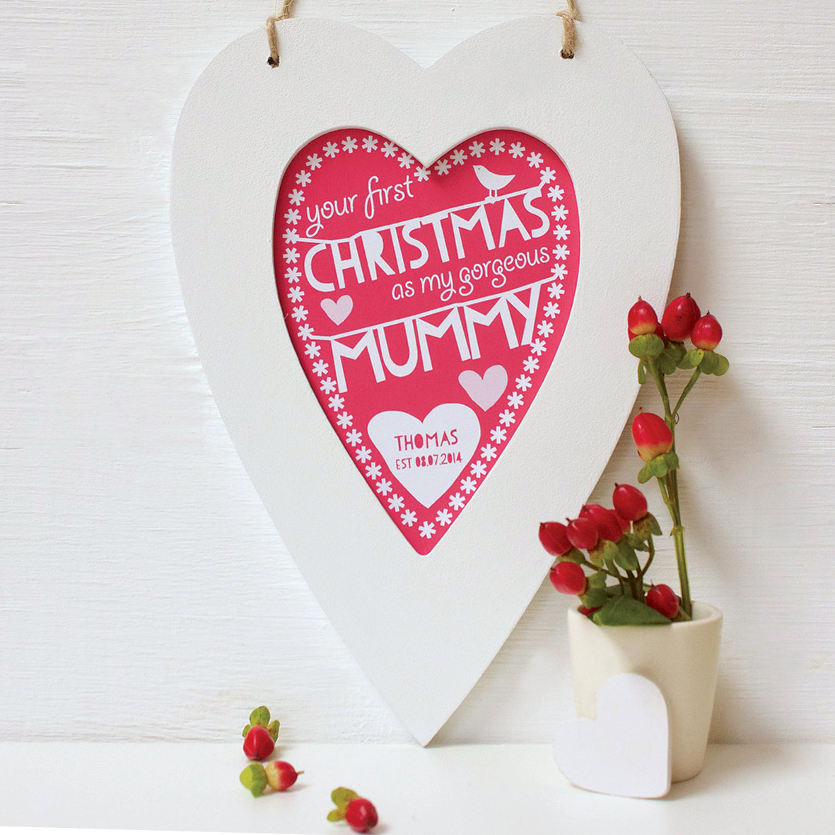 personalised first christmas mummy print, white heart