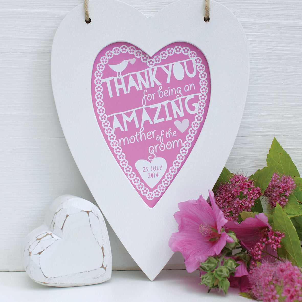 personalised mother of the bride heart, raspberry