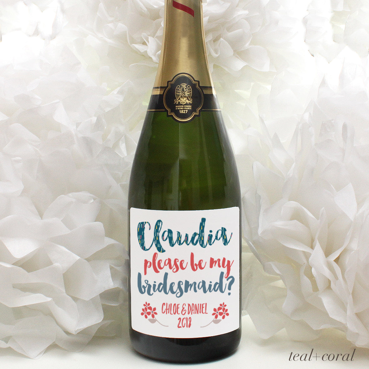 personalised teal and coral lettering on champagne label, bridesmaid