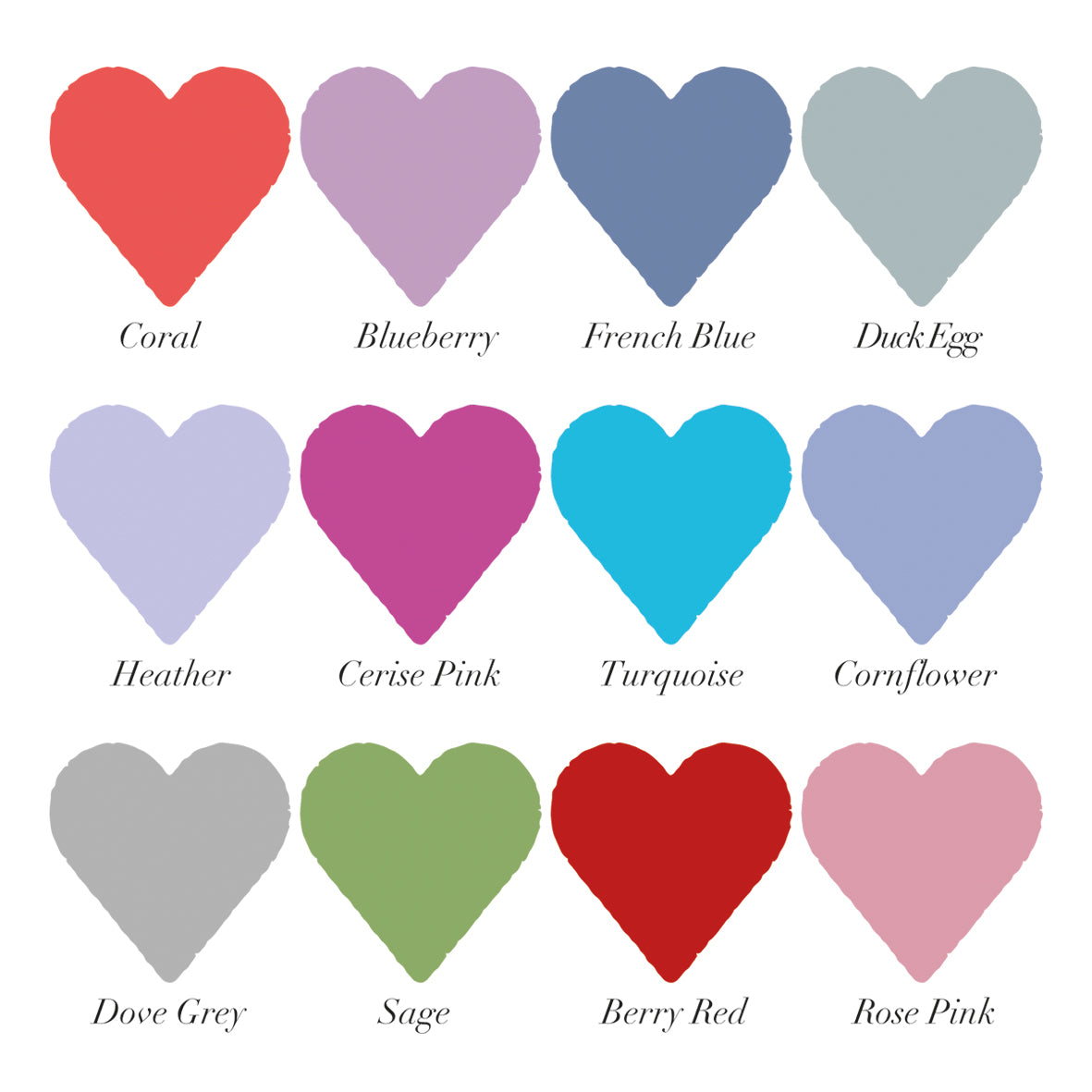 12 coloured heart swatches