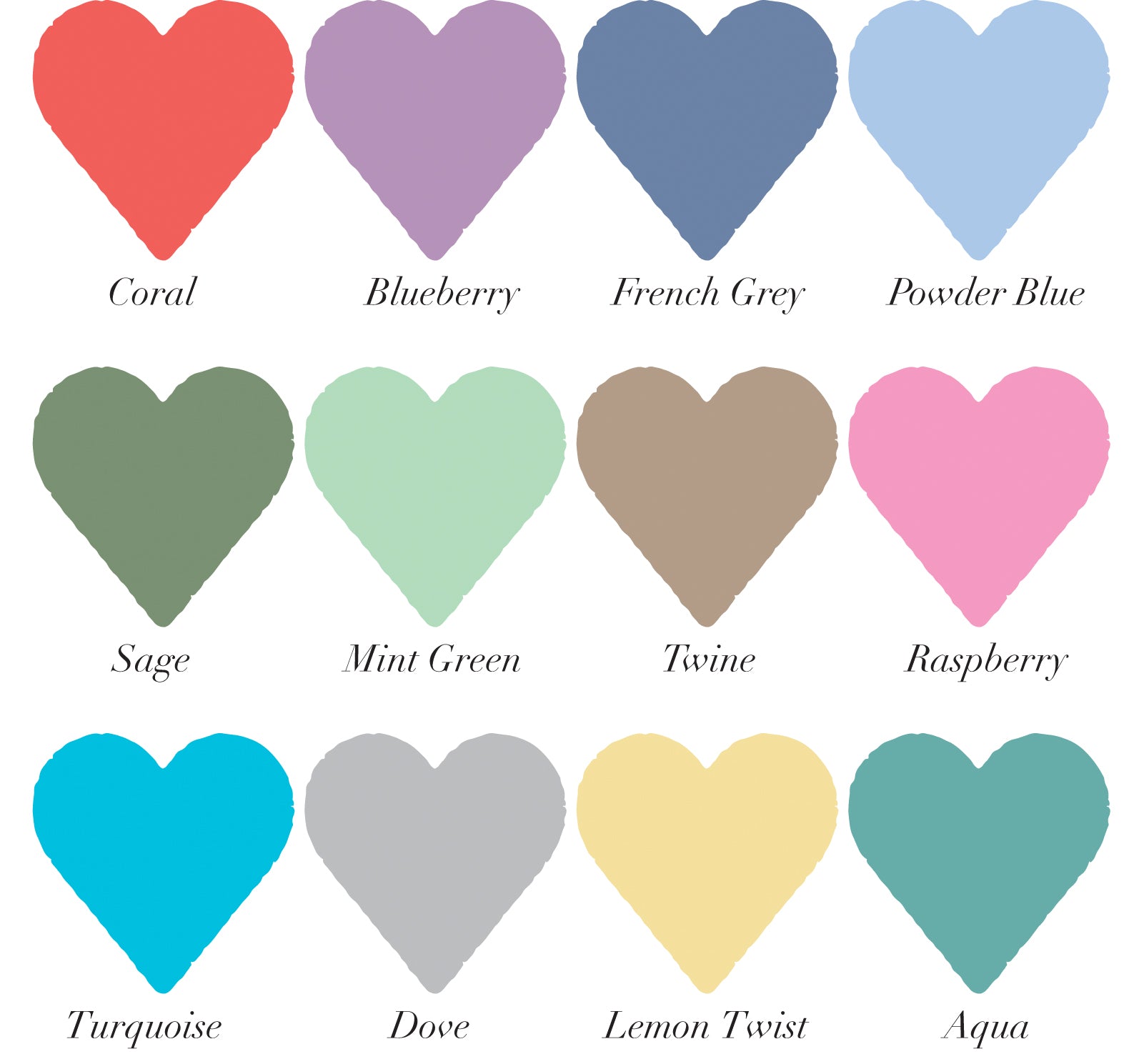 12 coloured heart swatches