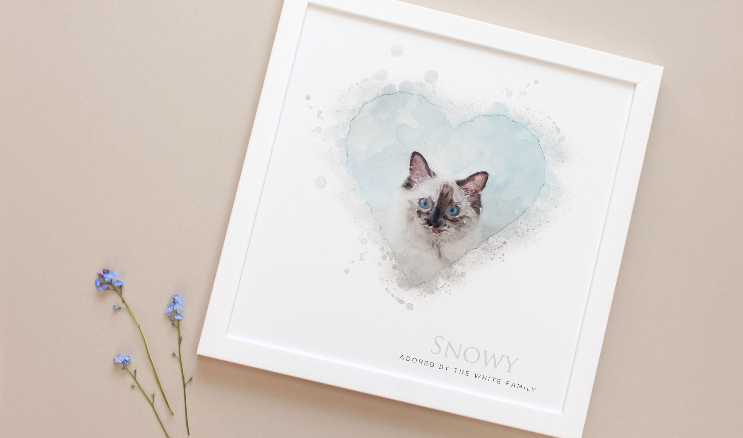 birdyhome cat portrait gift in a white frame