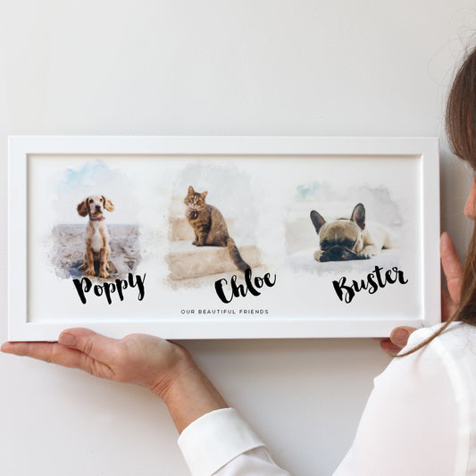 luxury frame with 3 pet watercolour illustrations