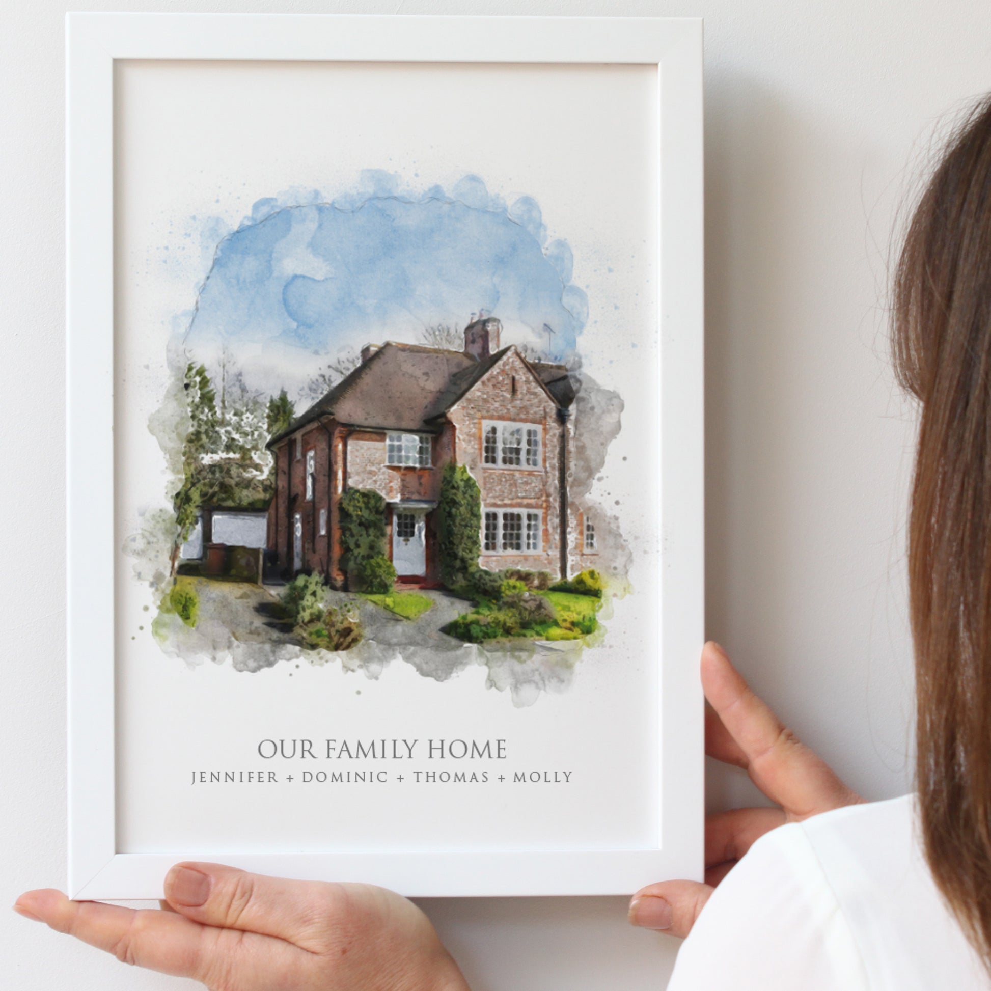 illustration of a flint family home in a white A4 portrait frame