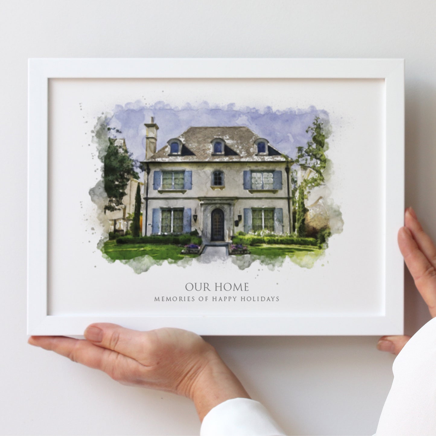 illustration of a holiday family home in a white wooden frame landscape