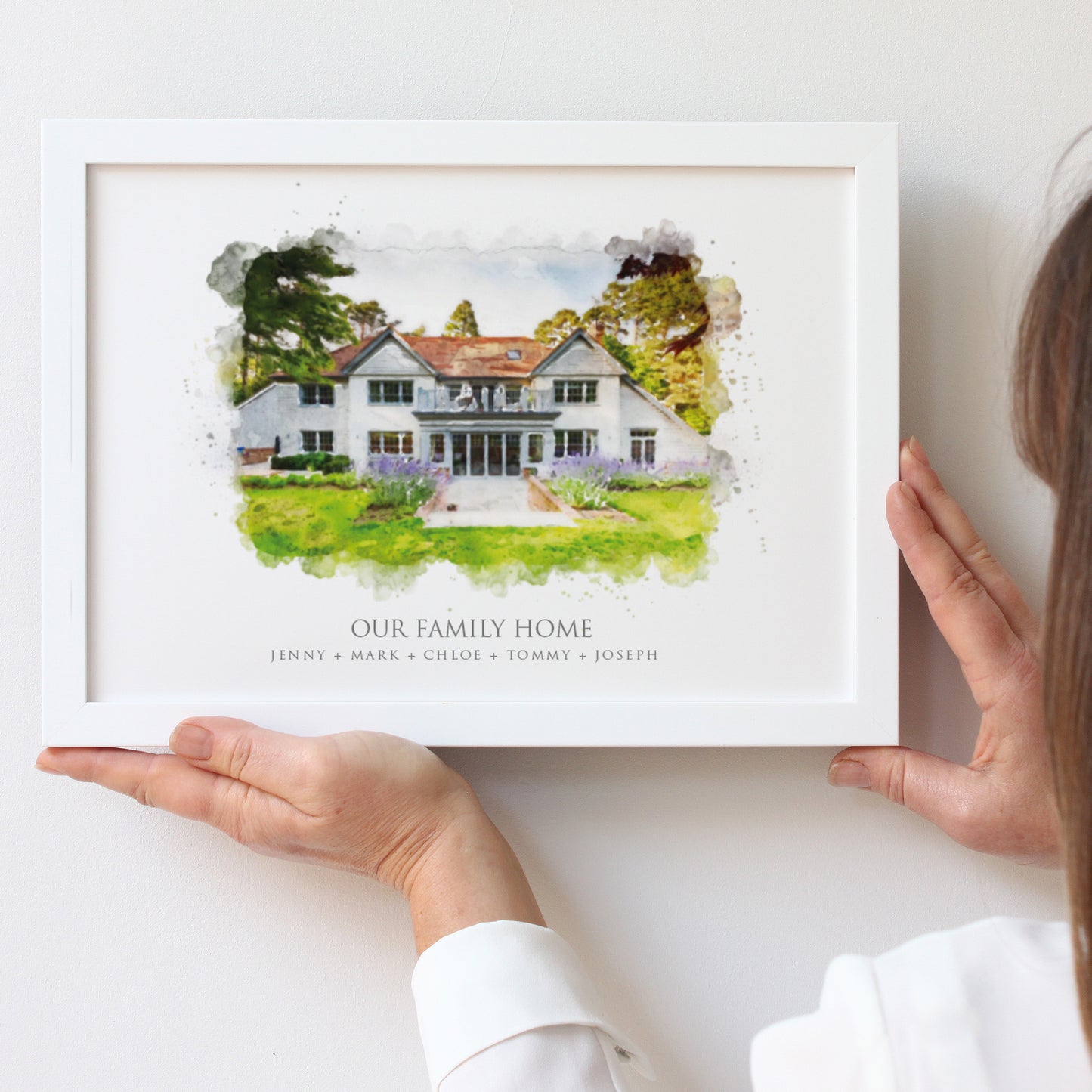 Drawing of a family home in an A4 landscape white frame