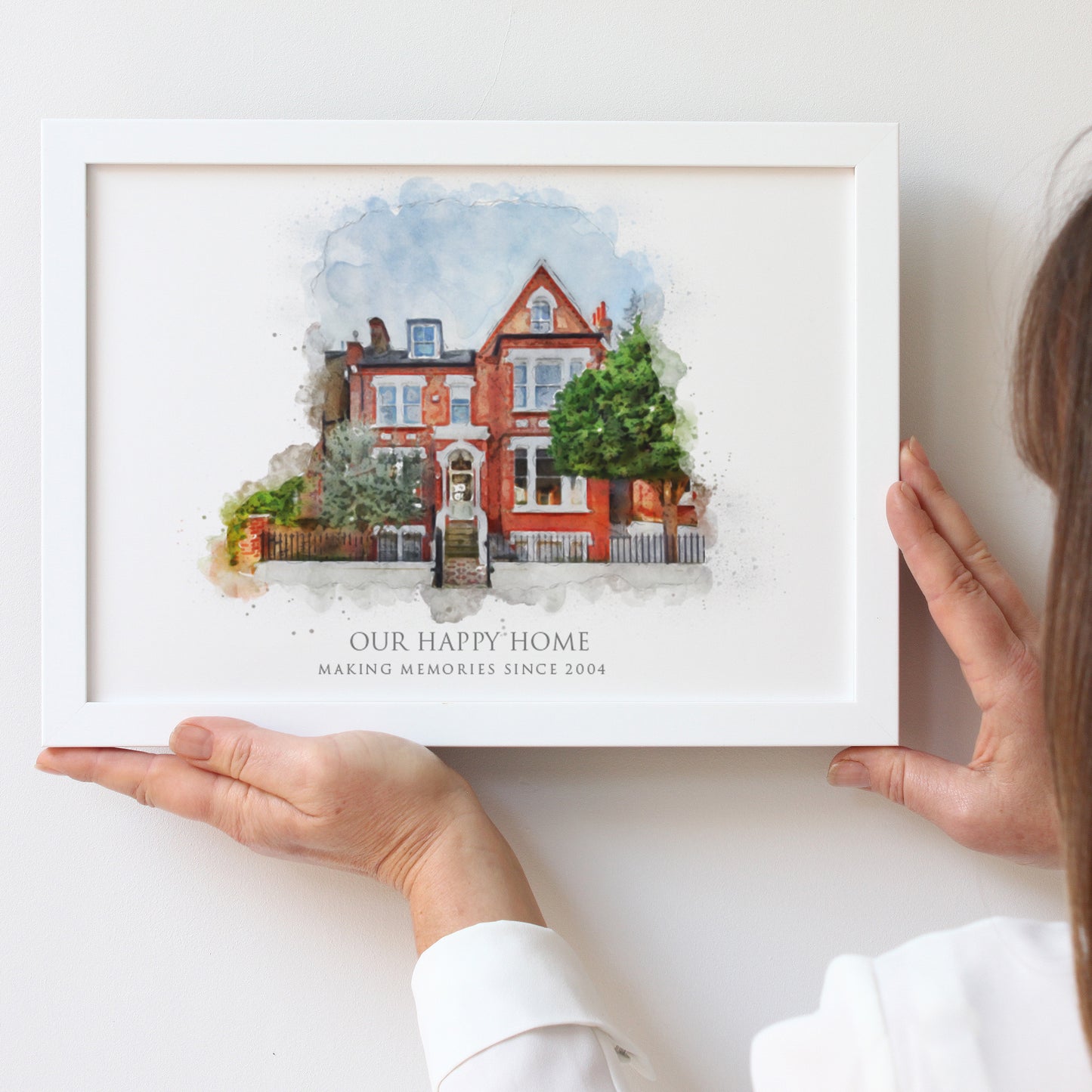 watercolour illustration of a detached London home in red brick in a landscape white A4 frame