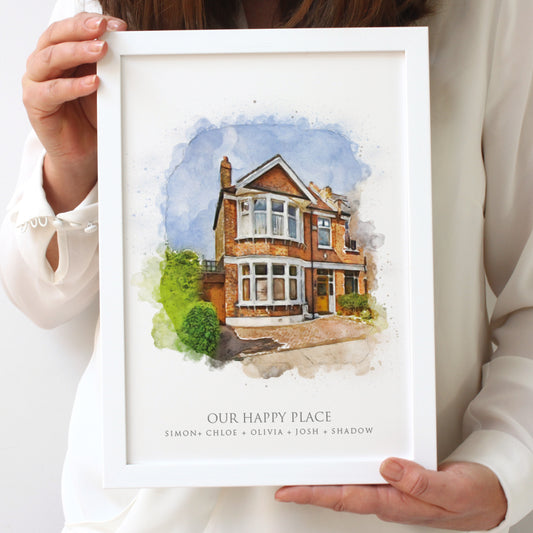 illustration of a 1930's semi detached house in an A4 white frame