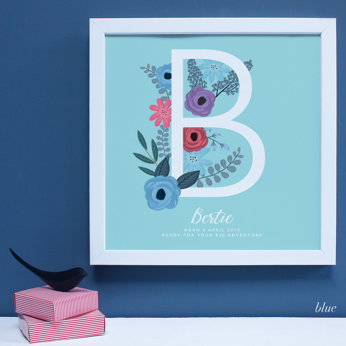 New Baby gift with flowers framed print with personalisation, in a white frame