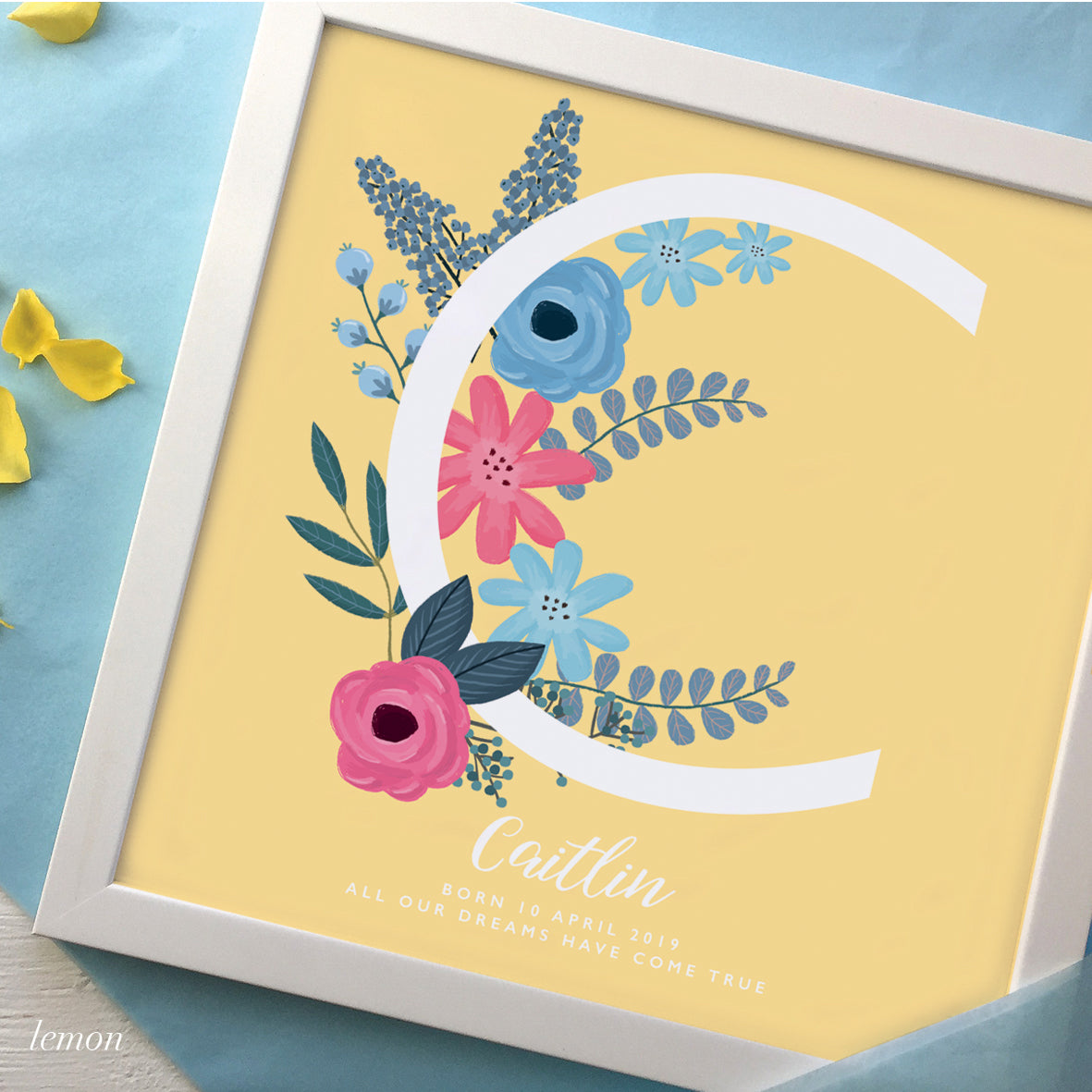 New Baby gift with large letter C and dainty flowers in a white frame