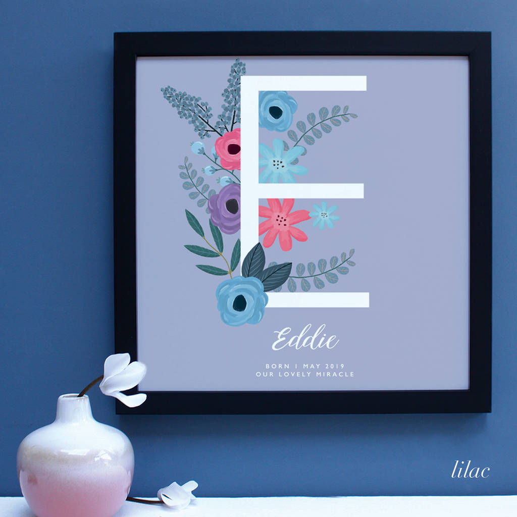 Black frame with large letter E with floral deco for New Baby Gift.