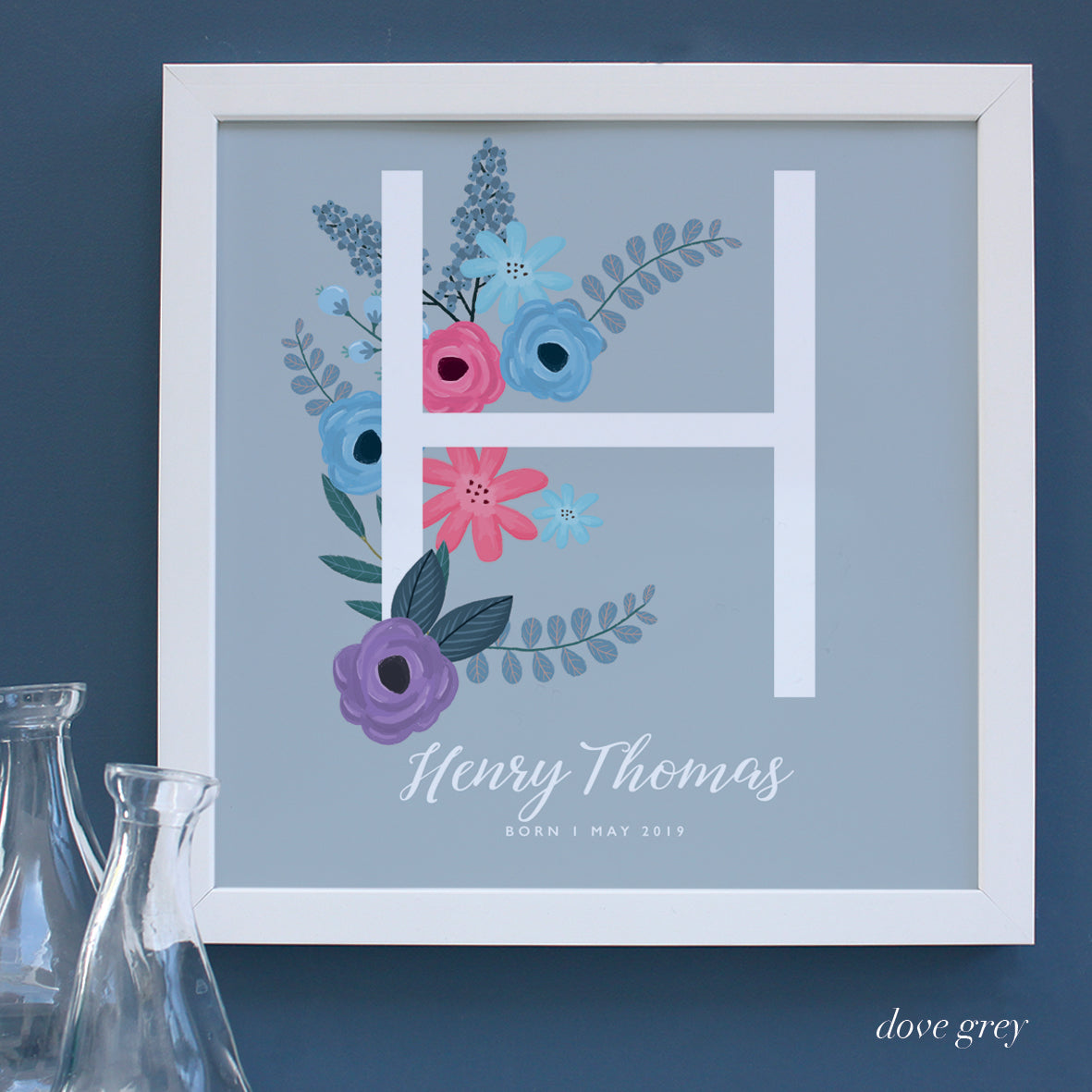 Large personalised H New Baby framed print  in a white frame.