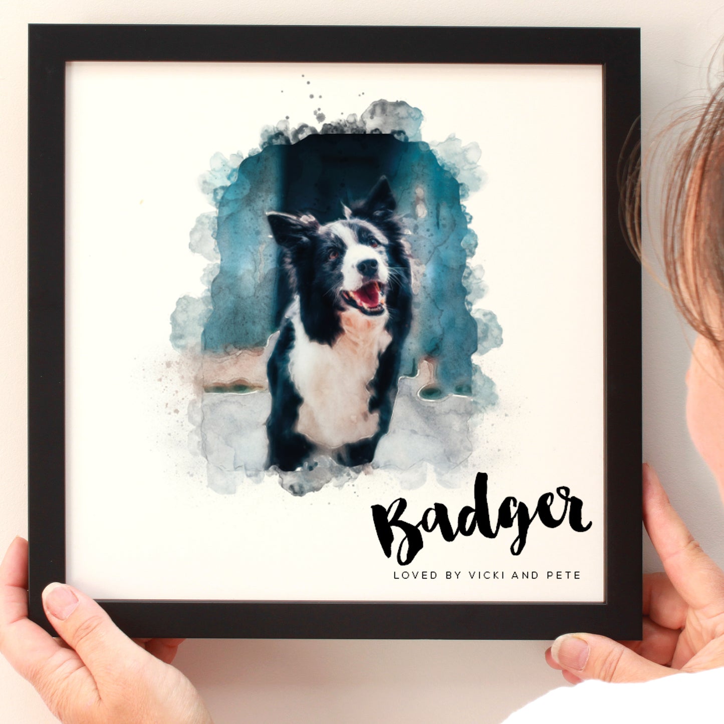 drawing portrait of black and white sheepdog in a black square frame
