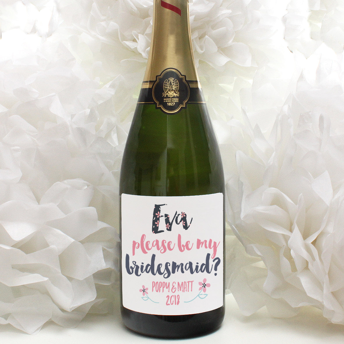 personalised blue and rose lettering on champagne label, bridesmaid