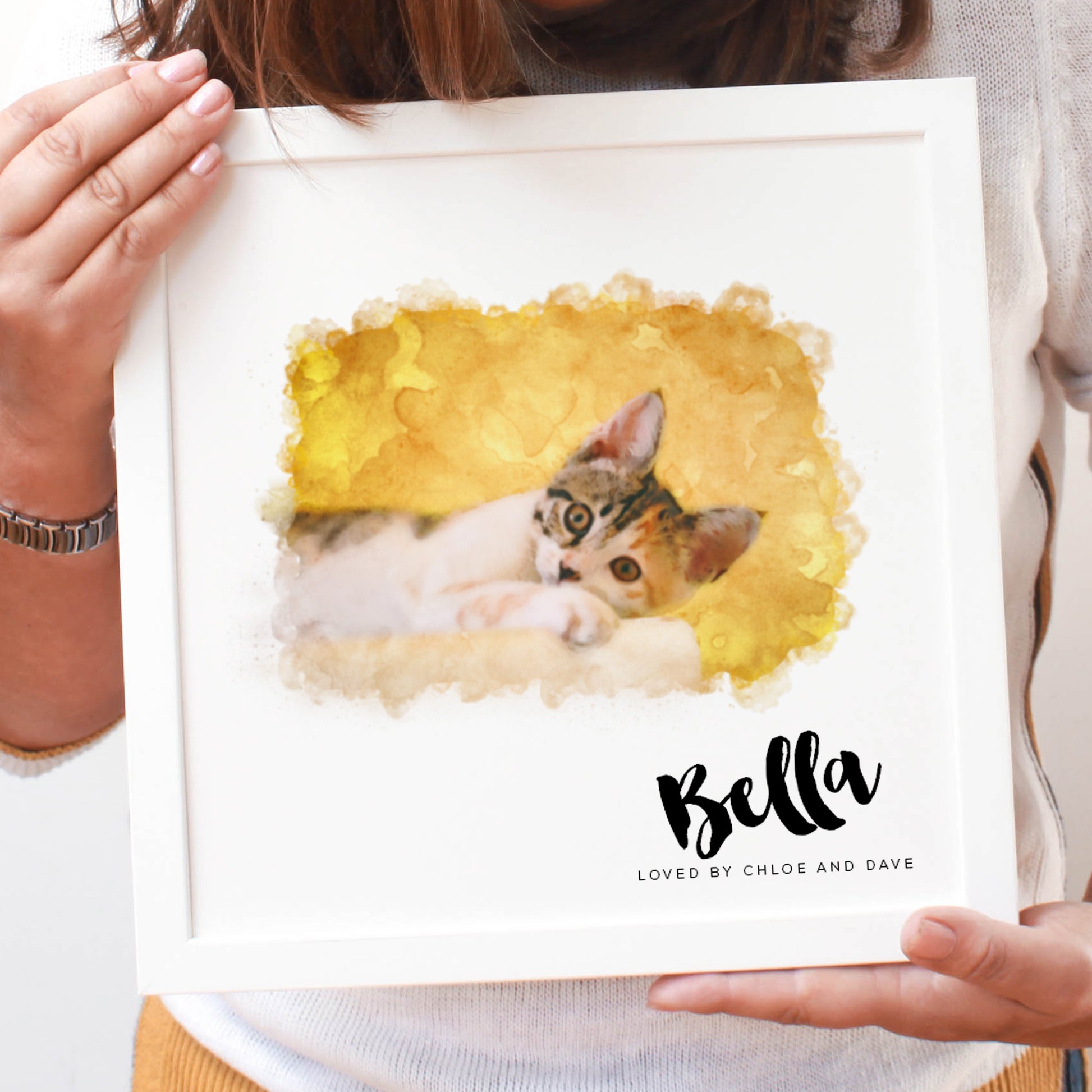 watercolour illustration of white and tabby cat in a square white frame
