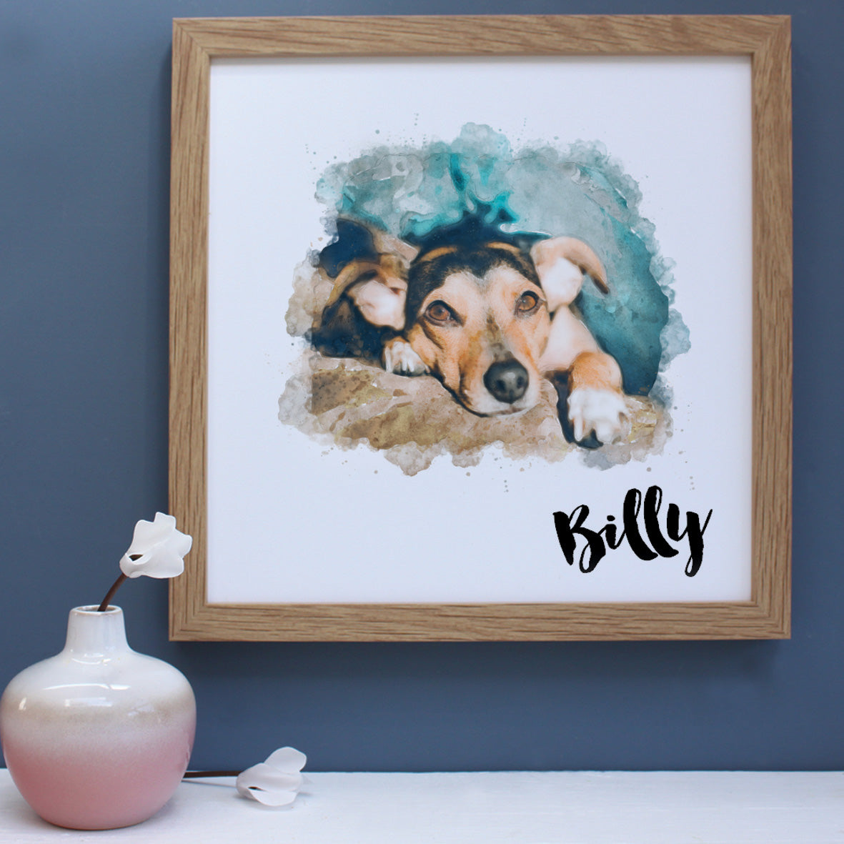 tan and black dog in an oak wooden frame