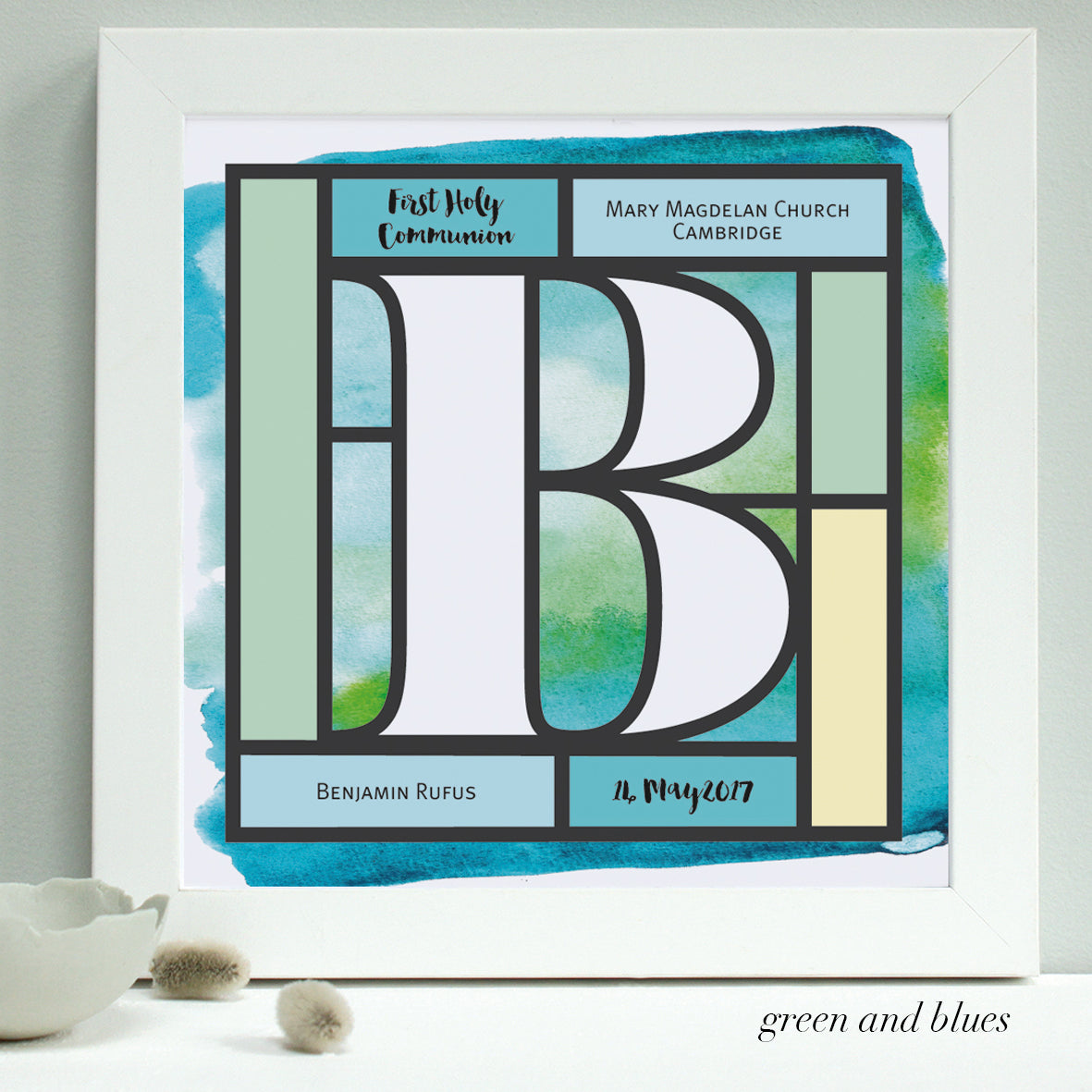 greens and blues Holy Communion print, white frame