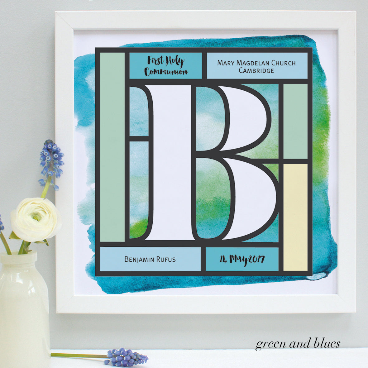 greens and blues Holy Communion print, white frame