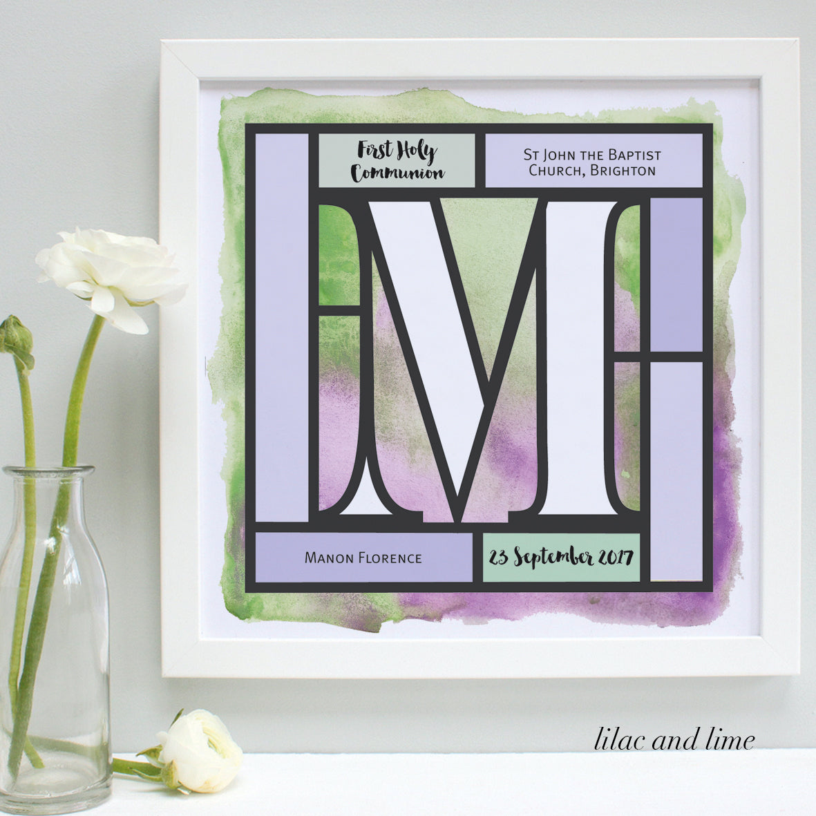 lilac and lime Holy Communion print, white frame
