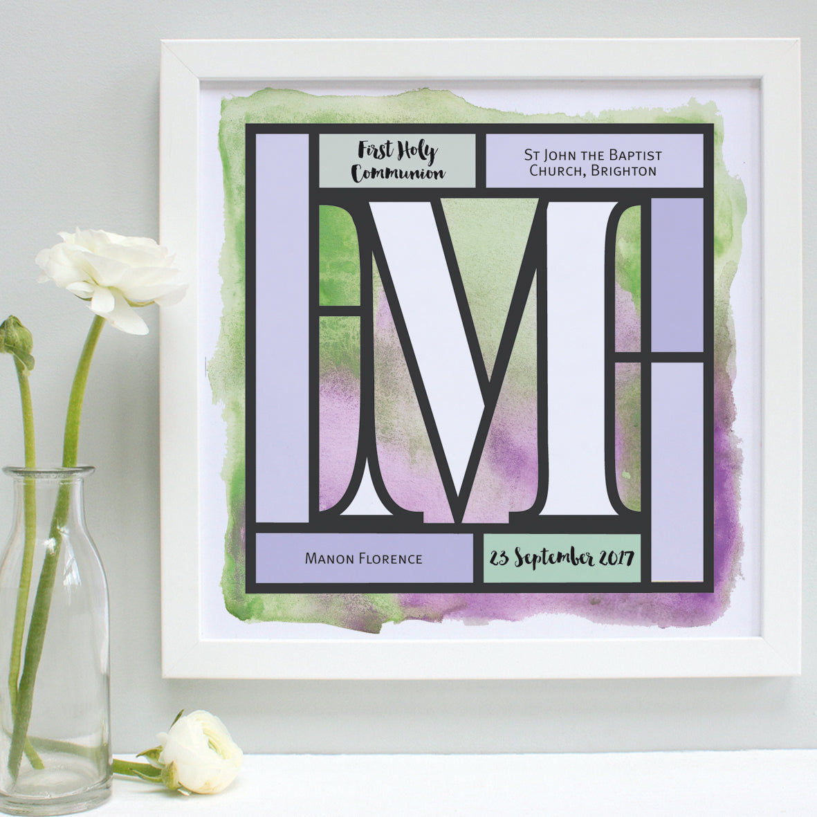 lilac and lime Holy Communion print, white frame