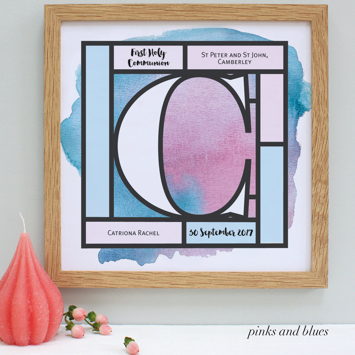 pinks and blues Holy Communion print, oak frame