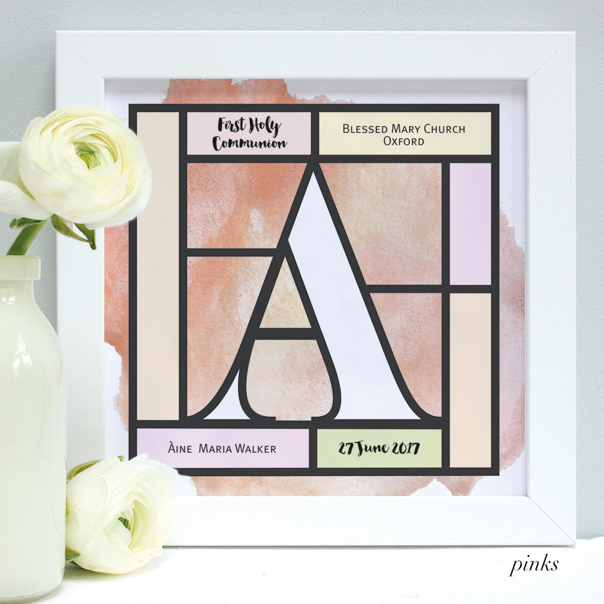 blush pink Holy Communion print, white frame