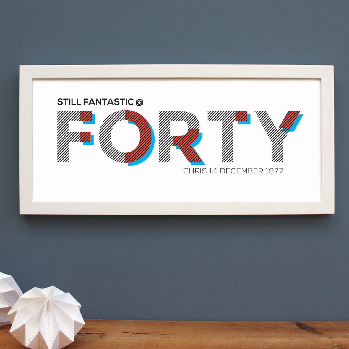 personalised forty birthday print, white frame