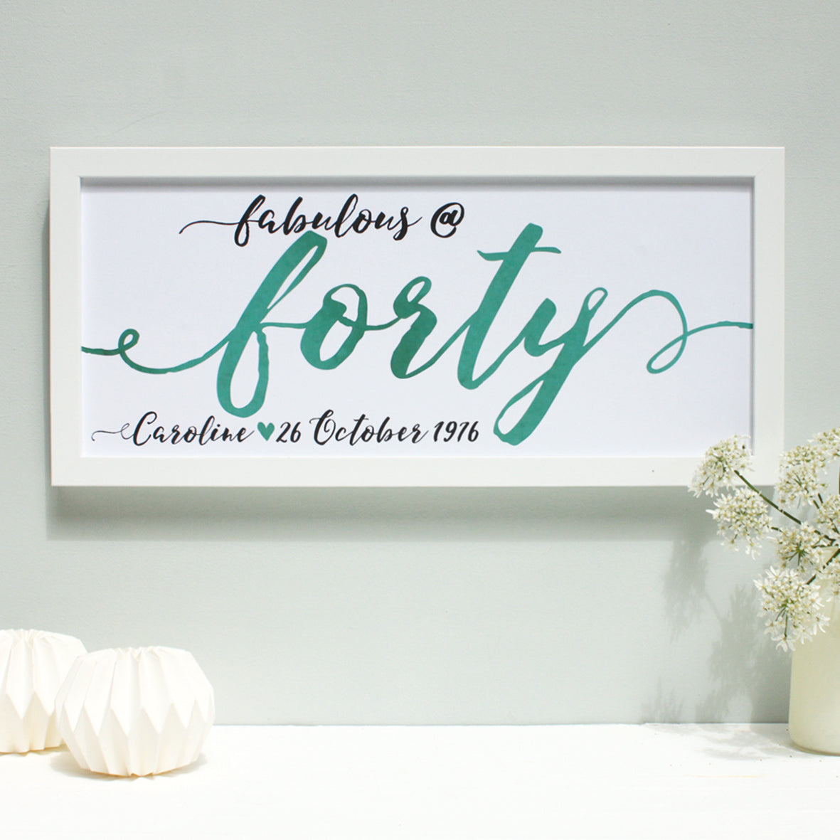 teal forty birthday age print, white frame