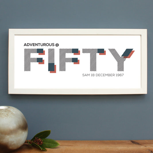 personalised fifty age print, white frame