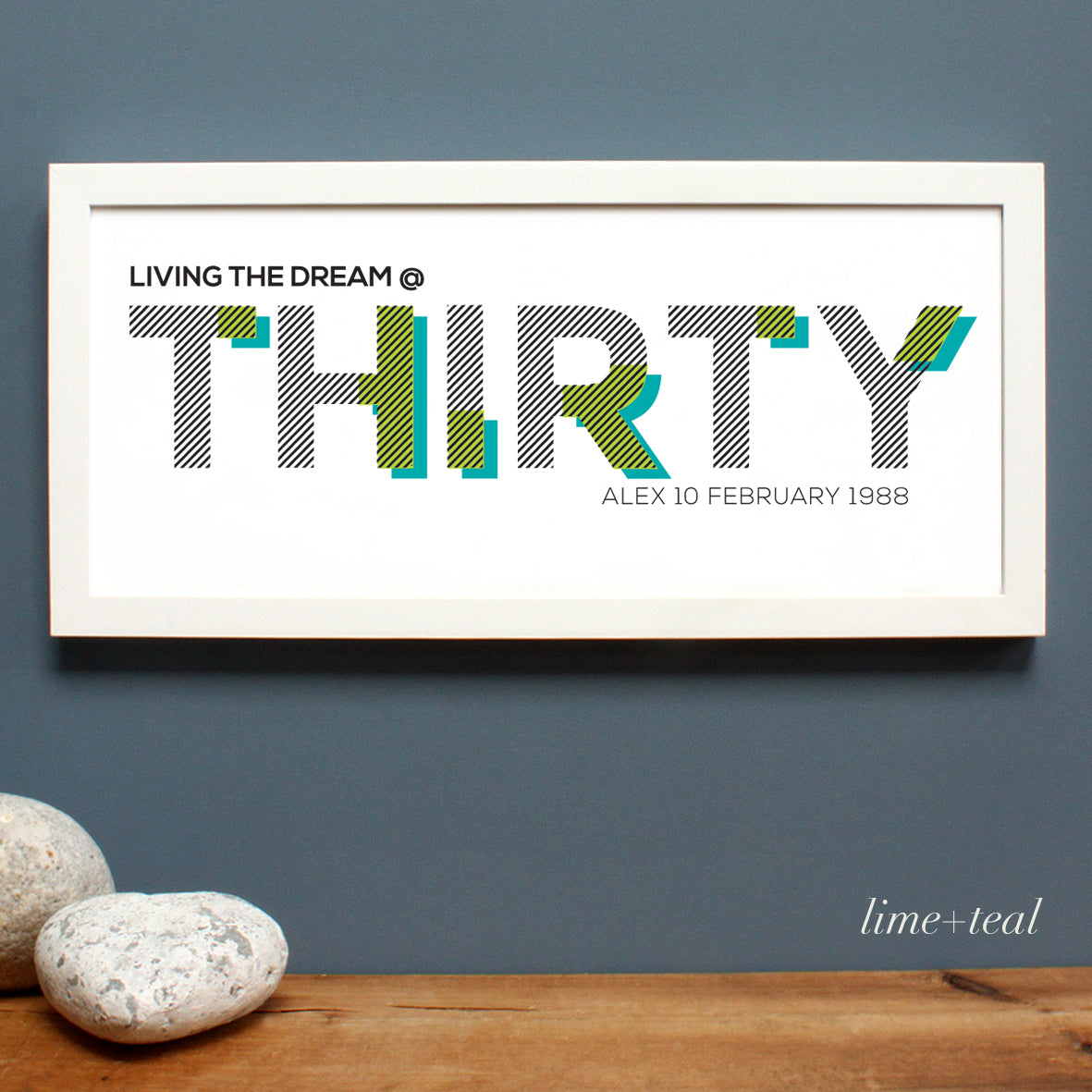 custom thirty lettering print for birthday, white frame