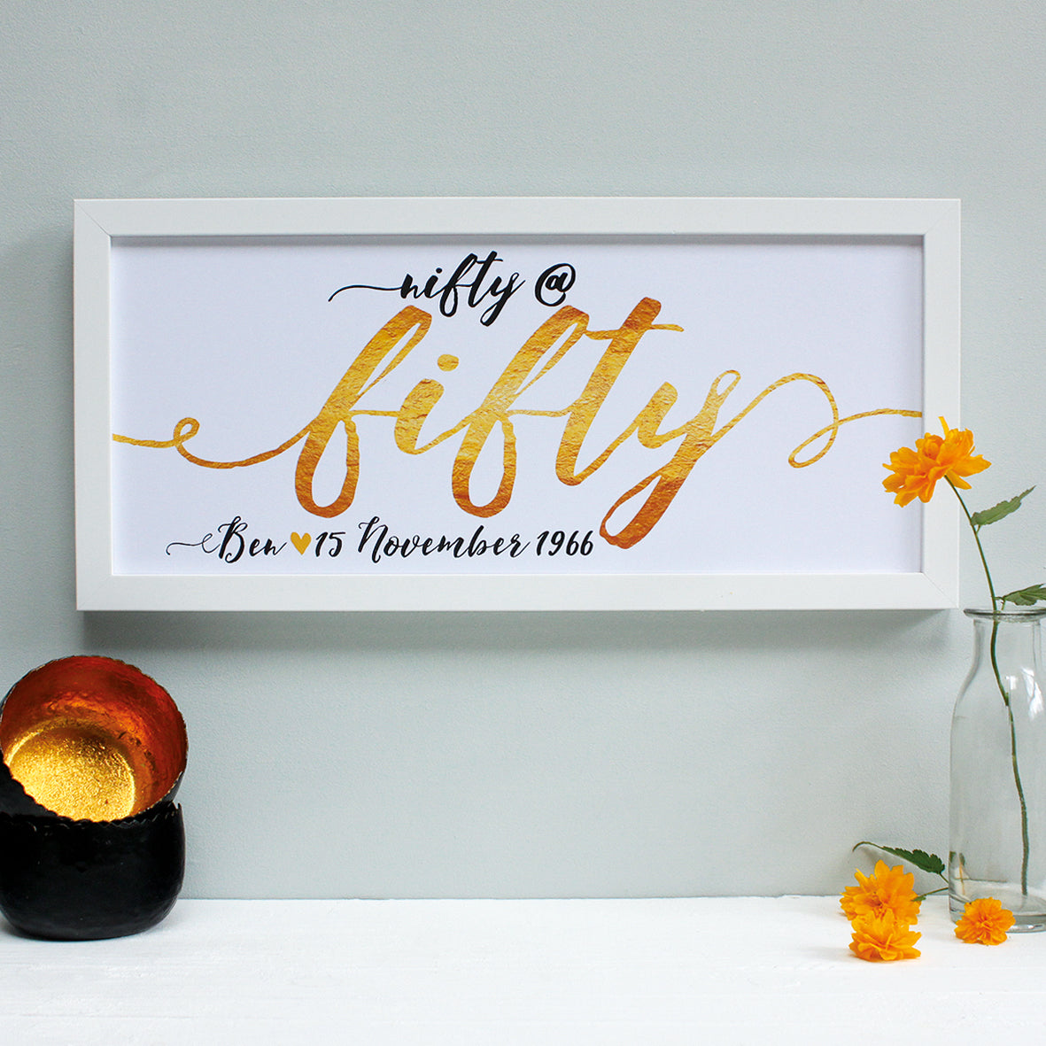 gold fifty birthday age print, white frame