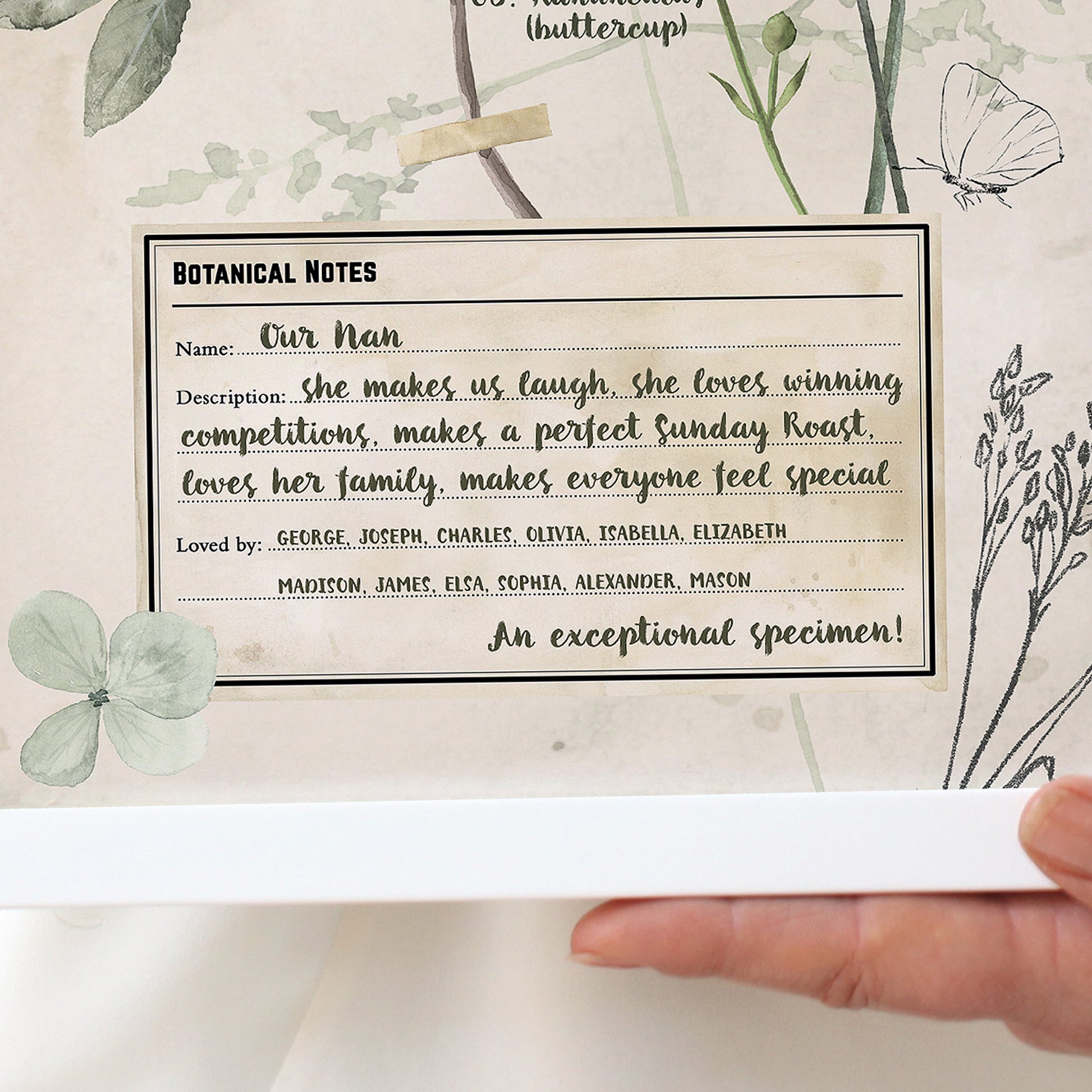close up of personalised botanical gift for Nana